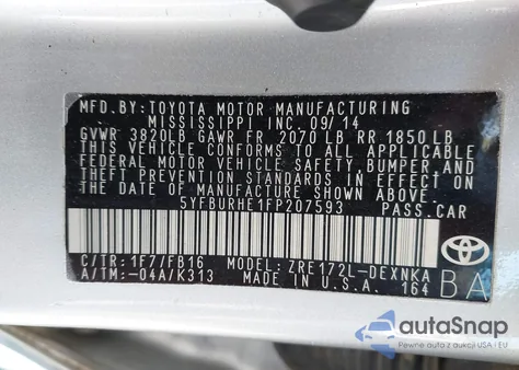 2015 Toyota Corolla Le Plus из США, поврежденный, VIN 5YFBURHE1FP207593